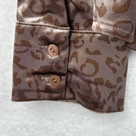 Mystree Velvet Leopard Button Up Top Womens L Boho Neutral Shiny Stretchy Office - Picture 10 of 10